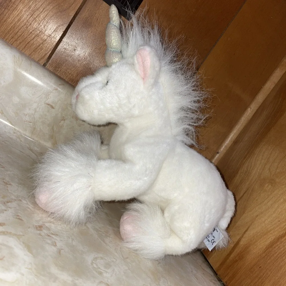Vintage Gaia White Unicorn Plush Stuffed Animal Toy Blue Eyes Iri. Horn Mane‎